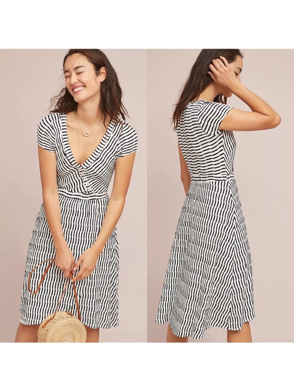 Anthropologie Maeve Paladino Black White Stripe Textured Faux Wrap Dress Large